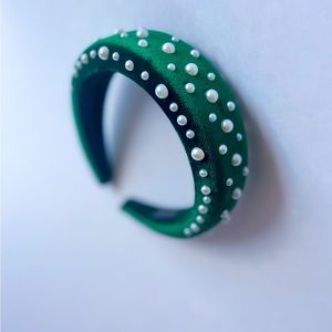 Emerald green handmade padded headband with pearl embellishments
